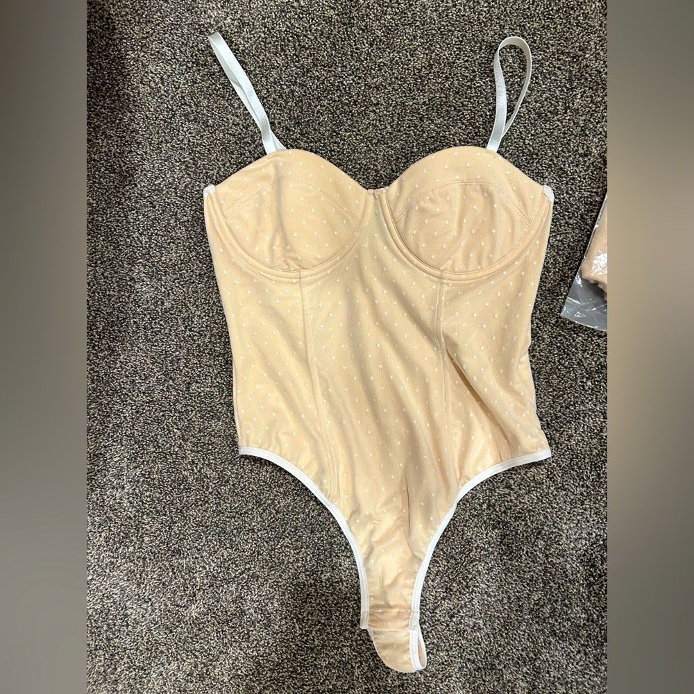NEW Nude & White Polka Dots Thong Bodysuit - Sizes Small, Medium & Large